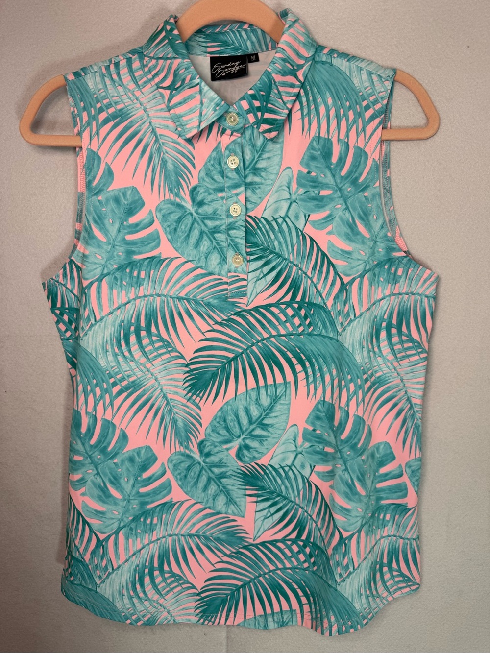Sunday Swagger Sleeveless Tropical Leaf Print Polo - Pink & Teal - Ladies M NWOT